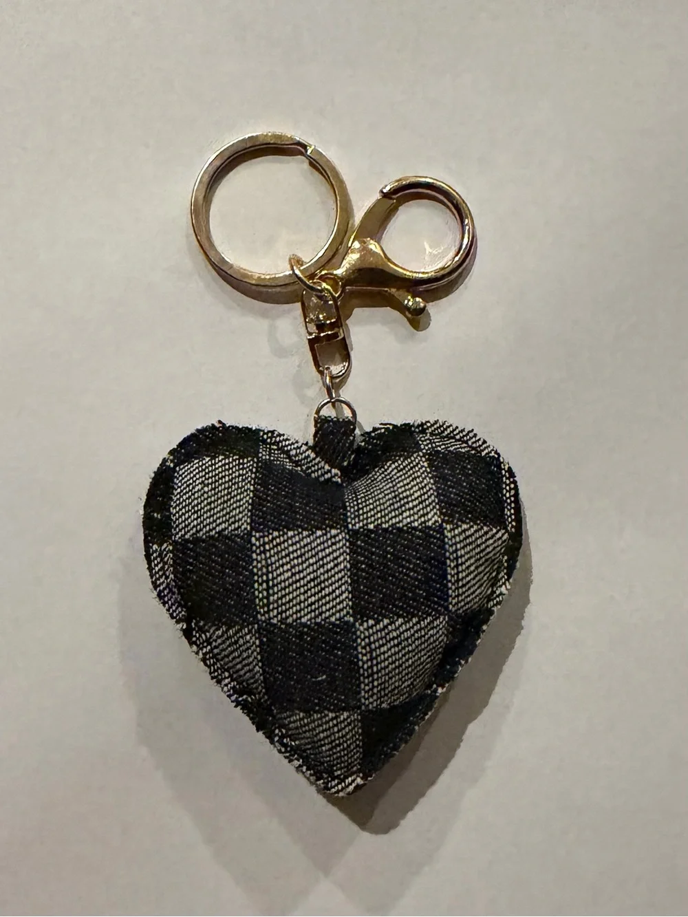 Buffalo Check Heart Bag Charm Keychain Gold Tone